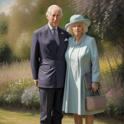 AI generated: Charles, Camilla, couple, standing, portrait, colours, impressionist