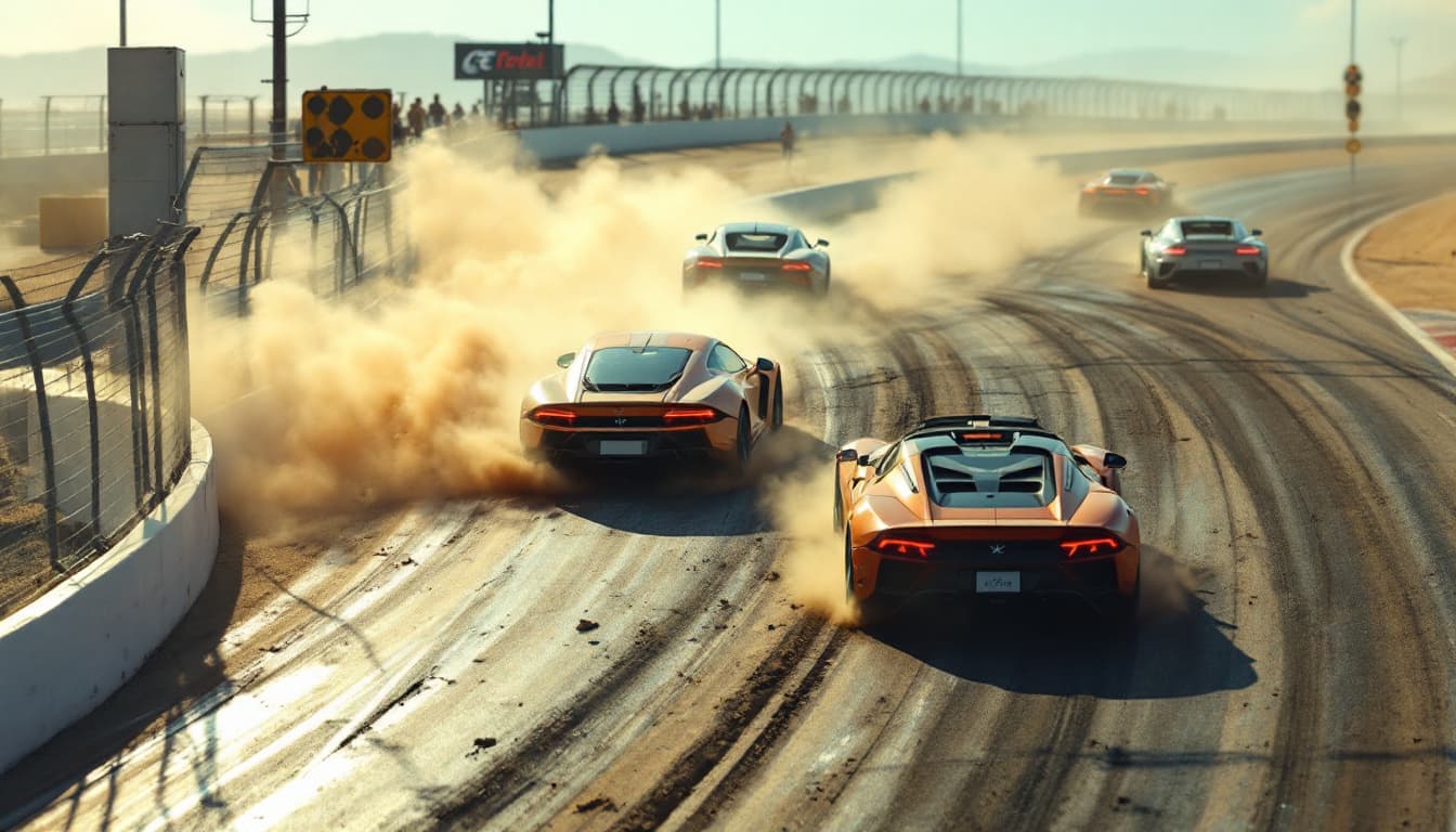 AI generated: The race track is well lit by sunlight.       Ahead, two cars collide on the track at a sharp turn a...
