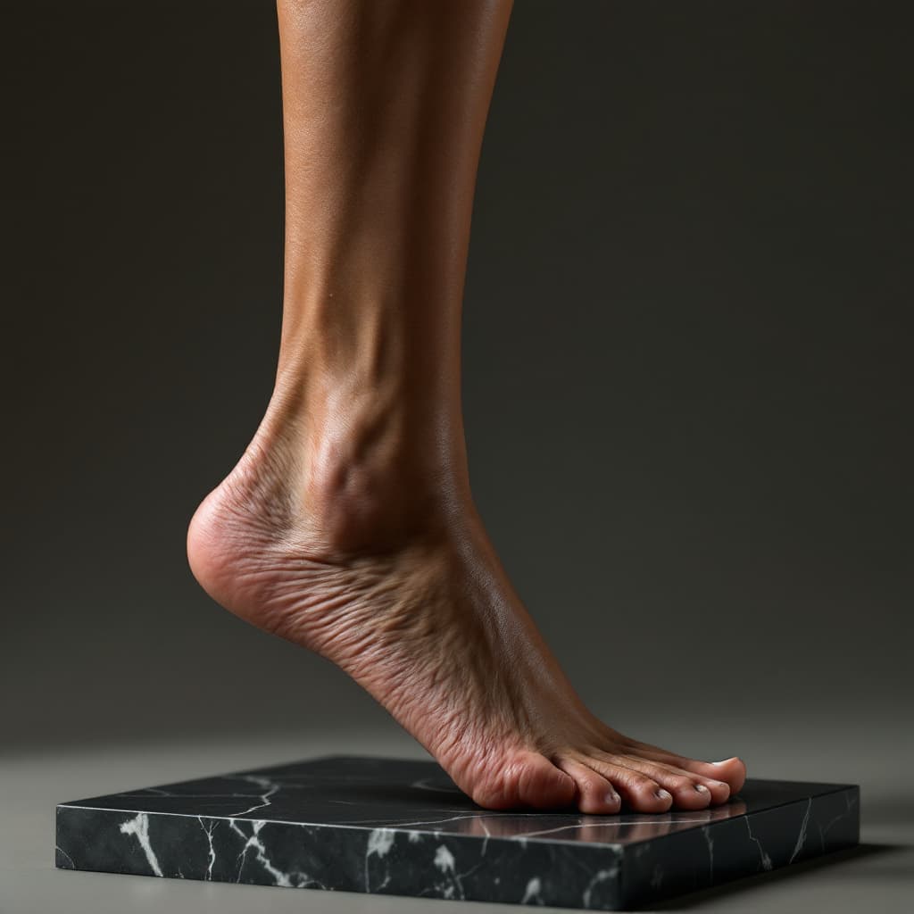 AI generated: Create a Side view of a 30 year old woman with Skinny narrow, heavily veined tanned  feet, highly cu...