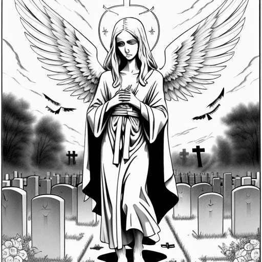 AI generated: cemetery coloring page, In a gloomy cemetery, with many tombstones, walks a beautiful angel, with pr...