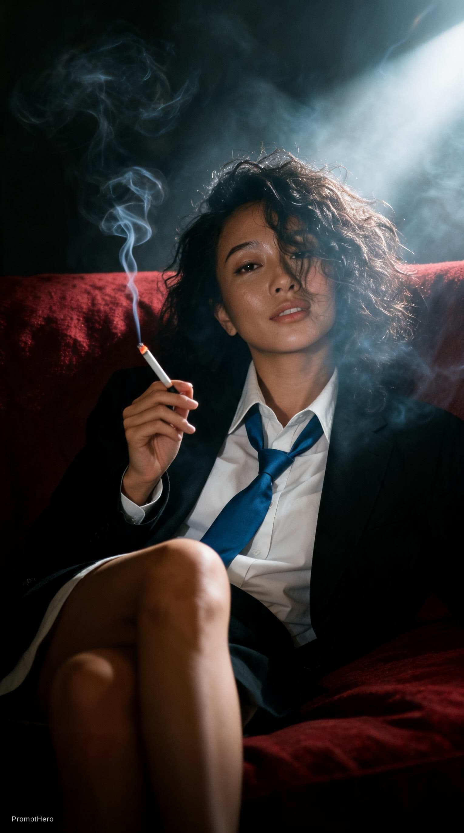 AI generated: photography, dimly lit room with a hazy atmosphere, capturing a female figure lounging on a deep cri...