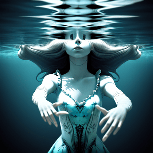 AI generated: alice floating horizontally under water.
realistic, not creepy
looking towards the top
 arm pointing...