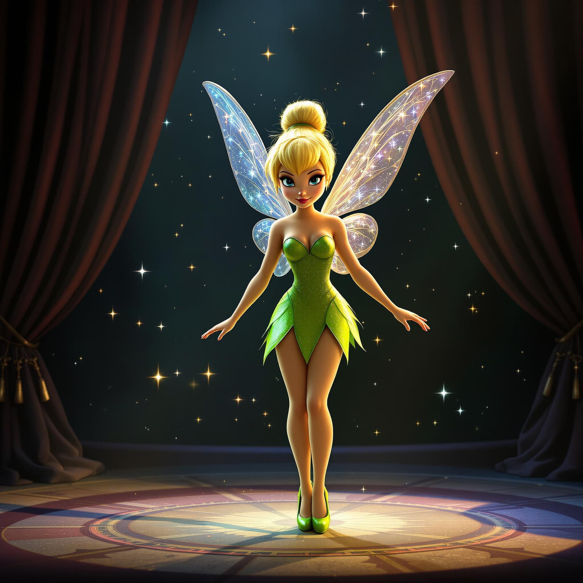 AI generated: create a fairy looks exactly like tinker bell standing on a stage
