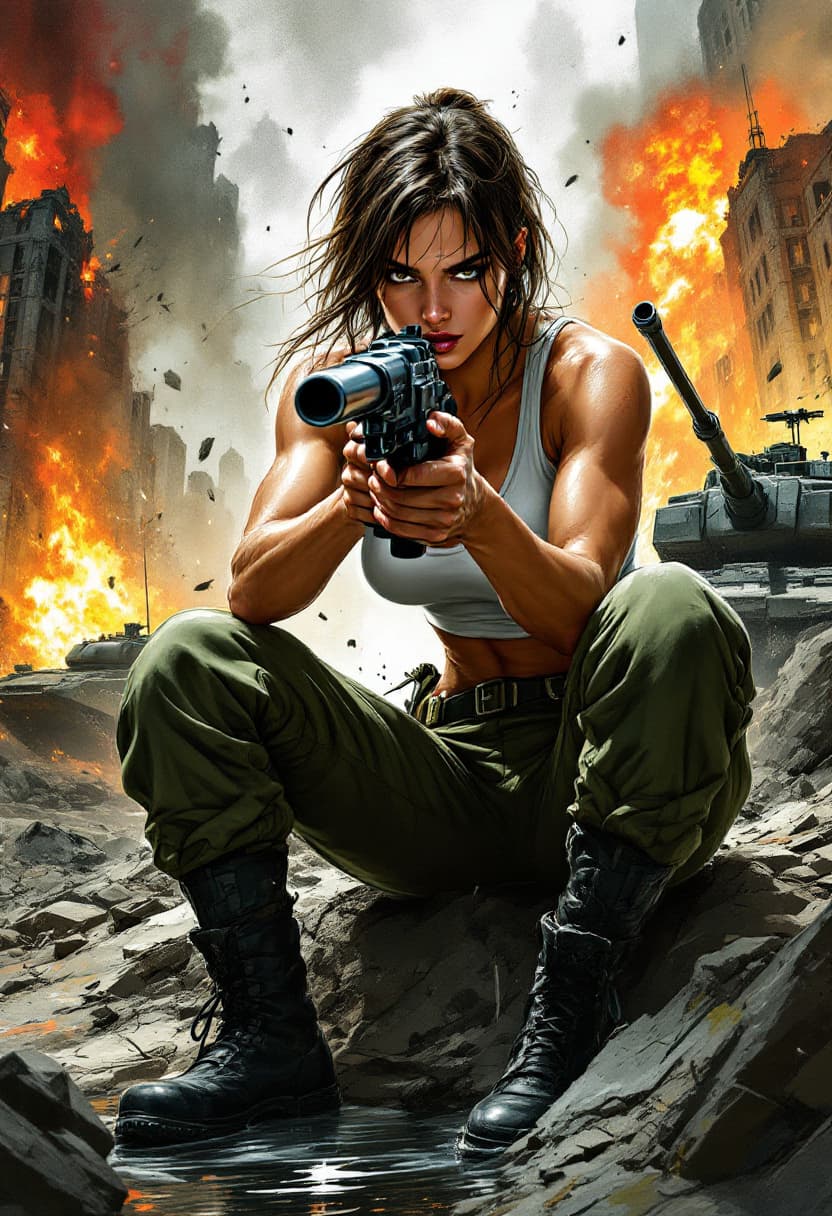AI generated: Female soldier in dynamic comic book style, seated pose, gripping gun, aiming forward, intense gaze,...