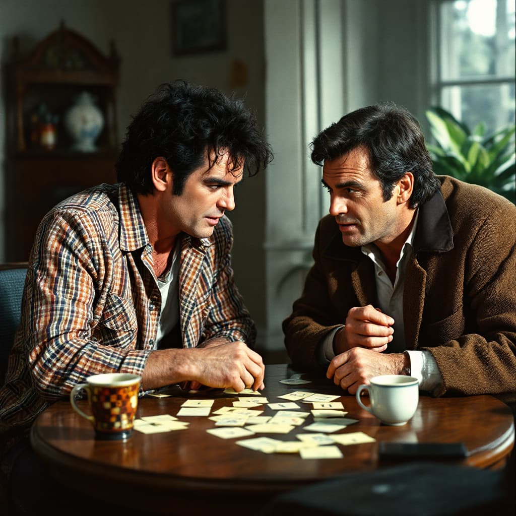 AI generated: jim carrey as ace ventura playing  a  game of clue with peter falk as  the detective columbo is his ...