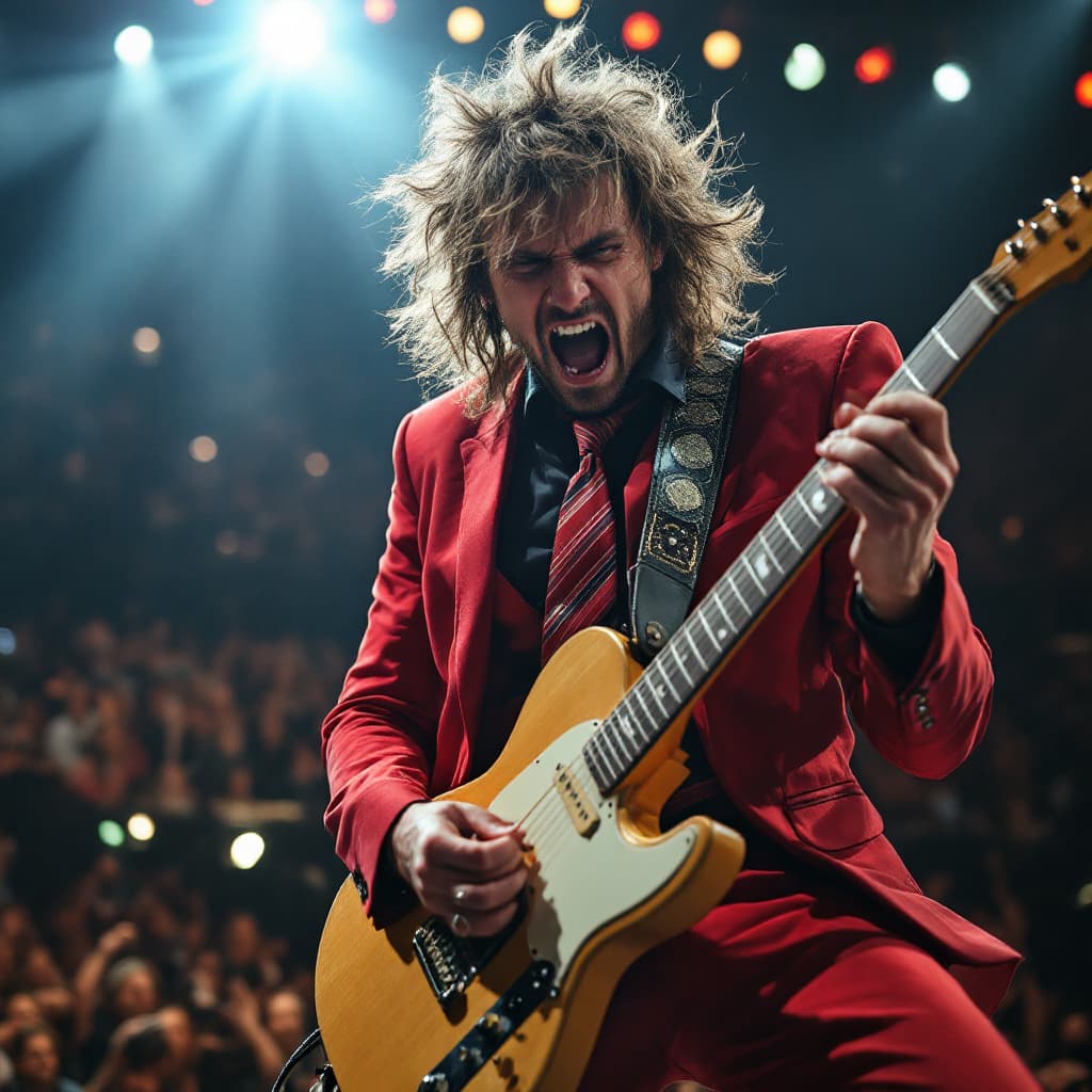 AI generated: An energetic guitarist playing on stage, dressed in a red suit with a striped tie. The musician is p...