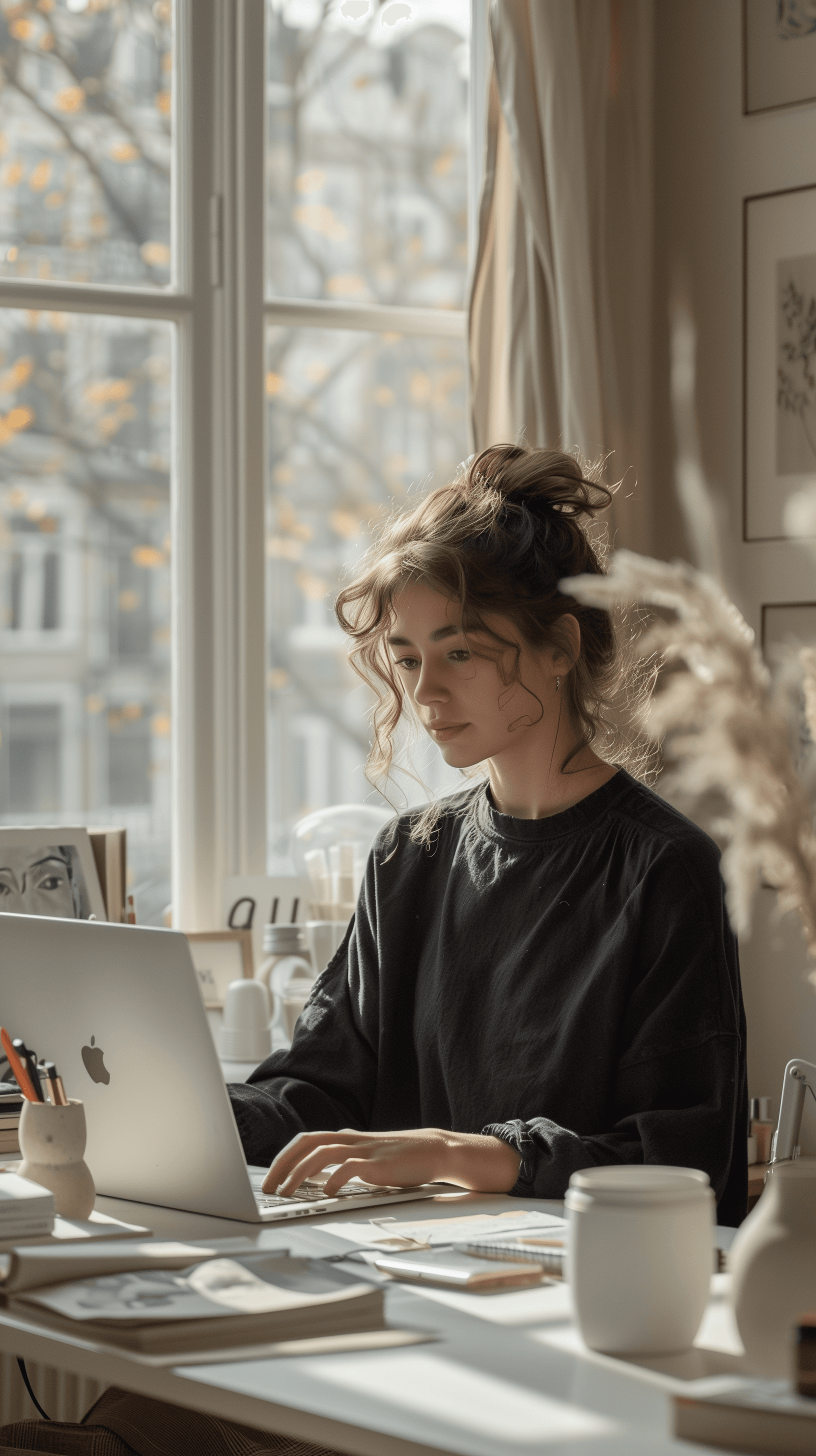 AI generated: minimalist workspace, focused designer woman at a white desk, high resolution photograph, used camer...