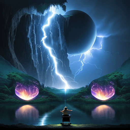 AI generated: focused dream light.
a dreaming world. on the distance, planets and floating isle full of lightning,...