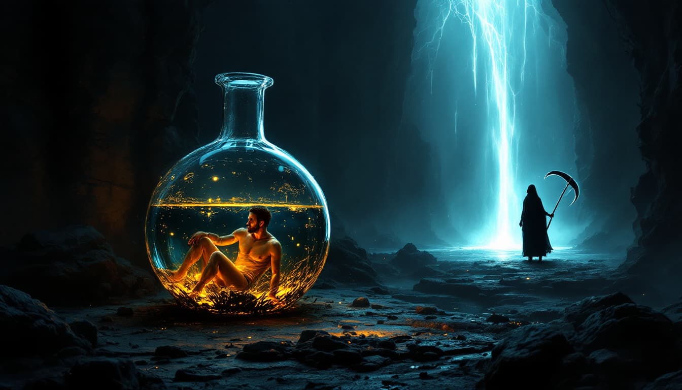 AI generated: a man in a flask filled with a transparent liquid, a woman in a flask filled with a transparent liqu...