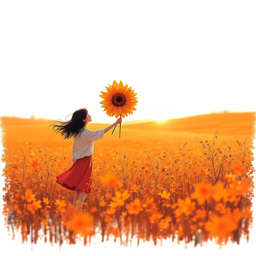 AI generated: A girl holding a huge flower, micro art, girl standing in the autumn field basking in the sun, autum...