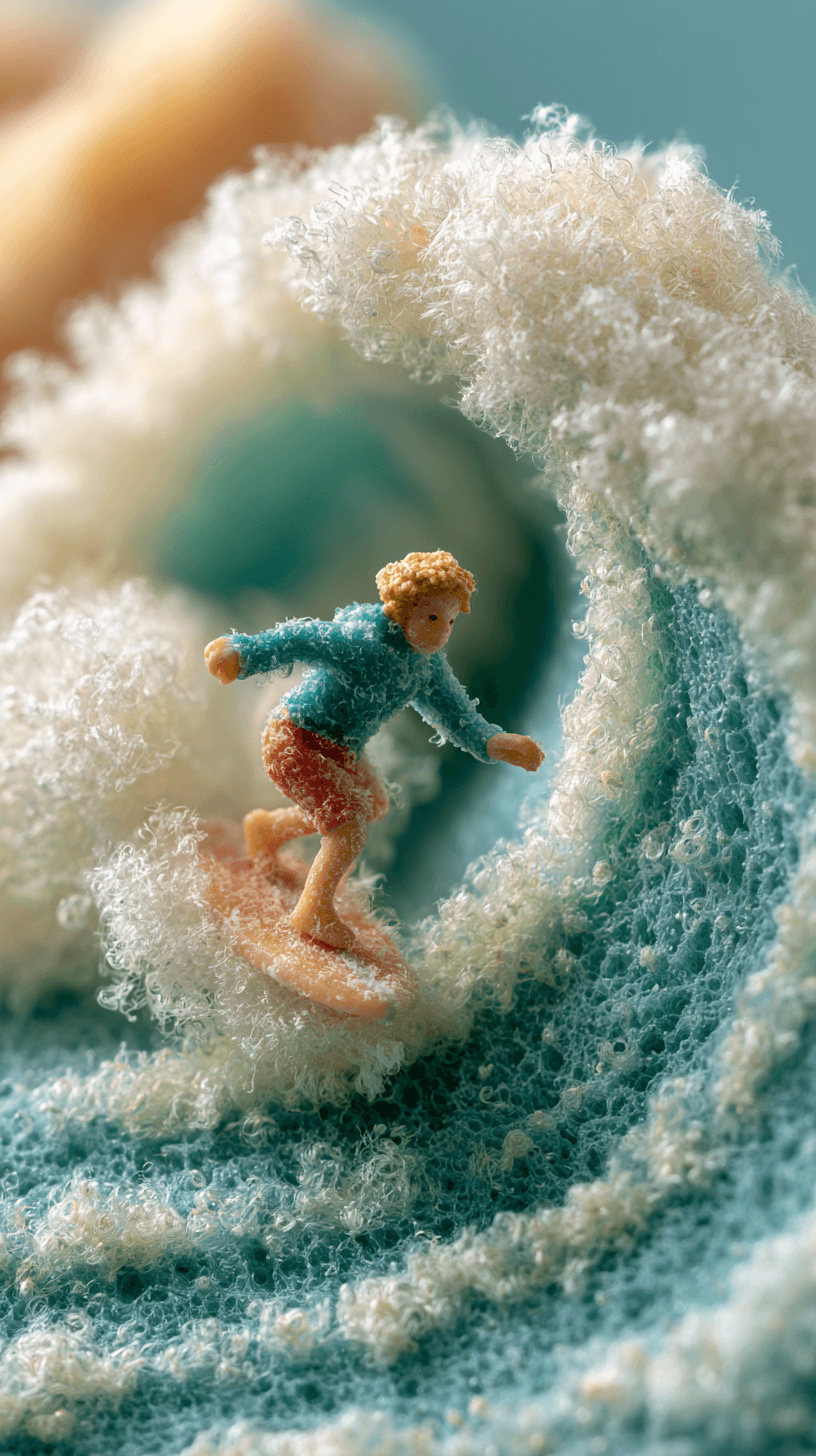 AI generated: microverse photo, tiny figurines with sponge surface, surfing a curl, a surfer, 100mm macro shooting...