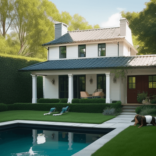 AI generated: beautiful house with a green garden, american style, a small pool, white walls, black roof, green wi...
