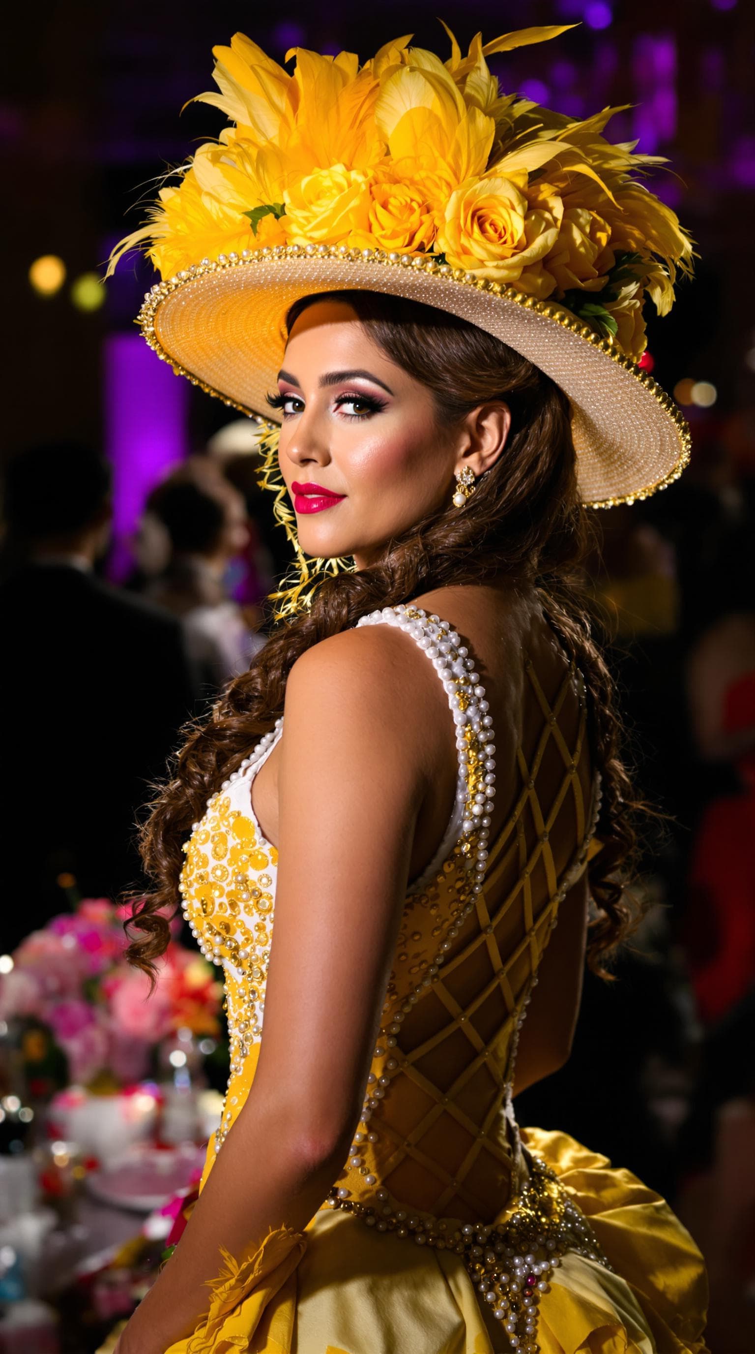 AI generated: "Image is a portrait-style photograph featuring a woman in a vibrant, elegant outfit. She is wearing...