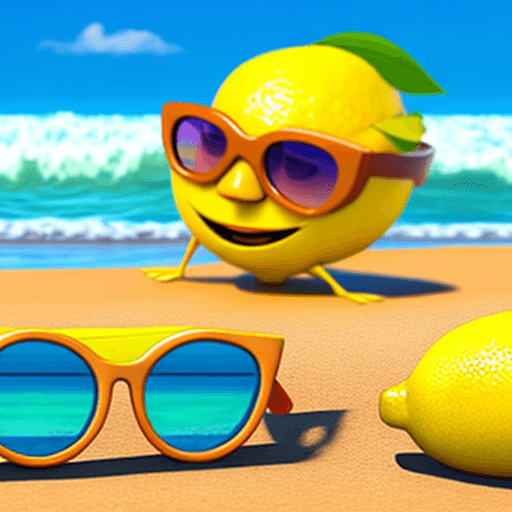 AI generated: A Pixar-style 3D lemon character relaxes on a sunny beach wearing sunglasses, against a backdrop of ...