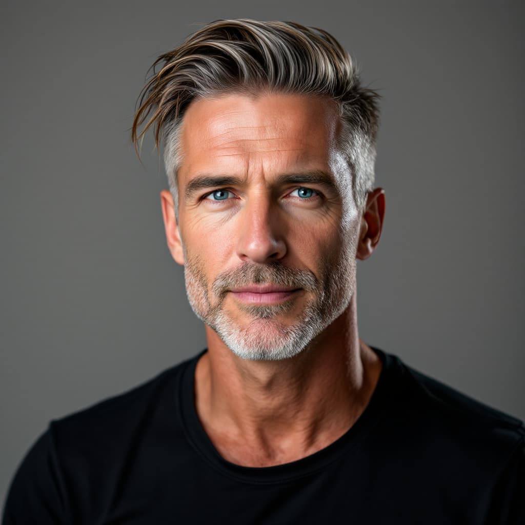 AI generated: Portrait of a 45-year-old white American man, pale skin, neat salt-and-pepper side part, light beard...