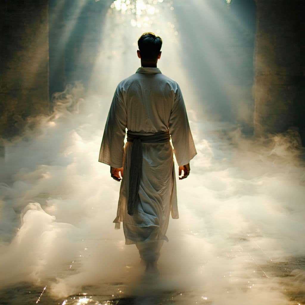 AI generated: A fine art, hyper-realistic, cinematic image of a man wearing a white long cotton robe with a sash, ...