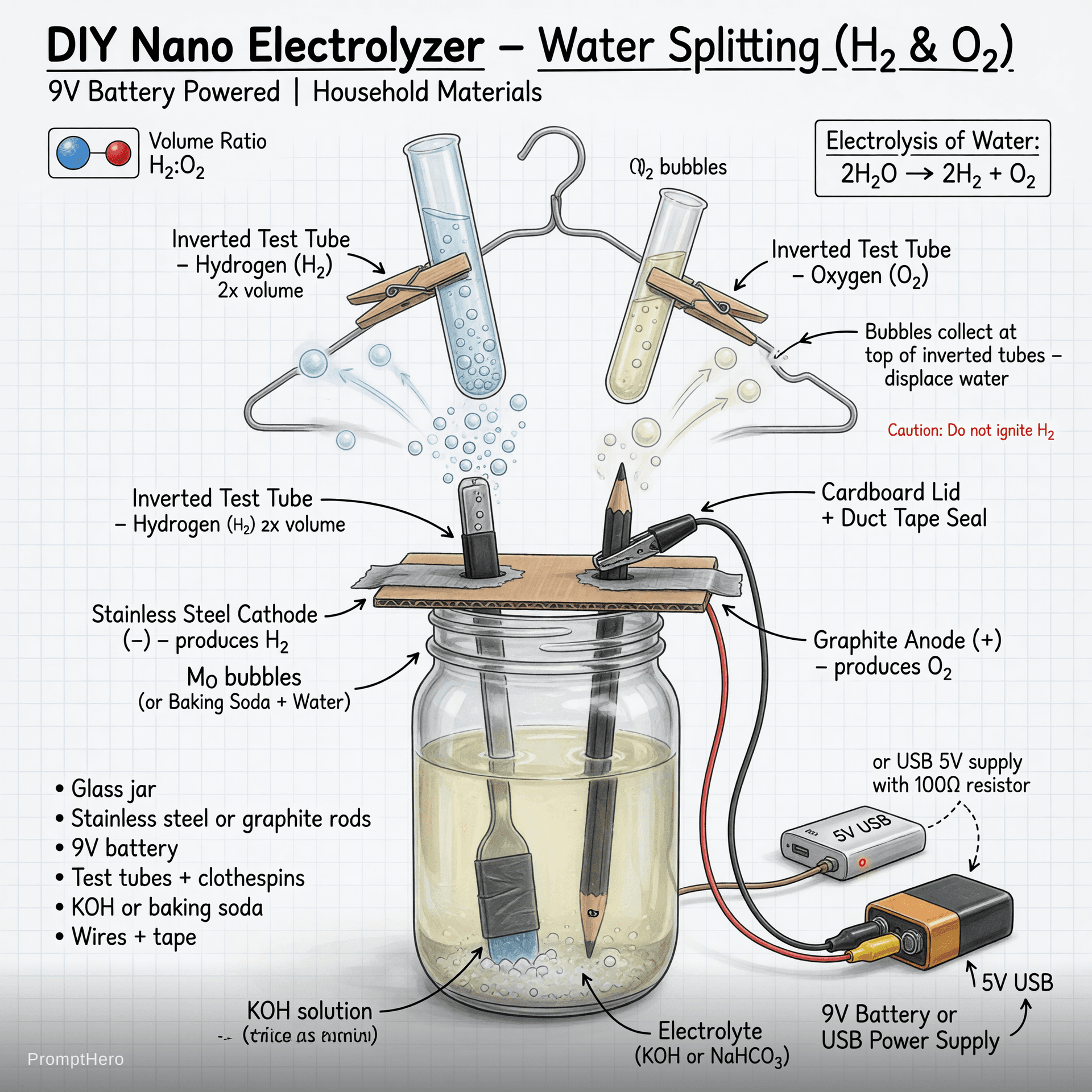 AI generated: Highly detailed technical illustration of a simple DIY nano electrolyzer made from household materia...