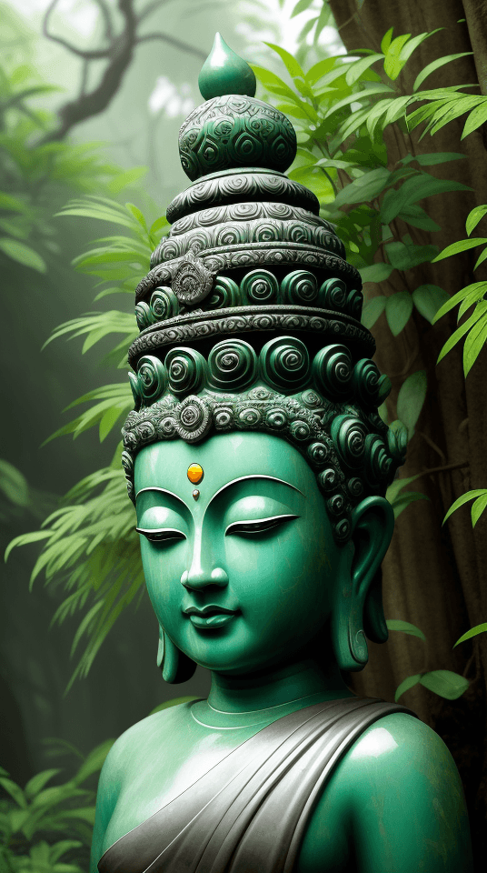 AI generated: buddha in a halo of green leaves, [(old white marble:1.1): old jade], deity, wisdom, life, epic, ful...