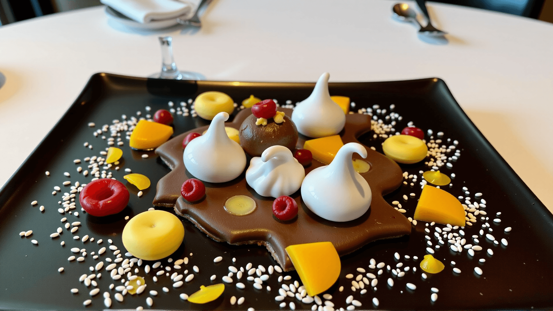 AI generated: Five-Star Dessert Platter: A complex dessert creation featuring a rich chocolate pudding base, surro...