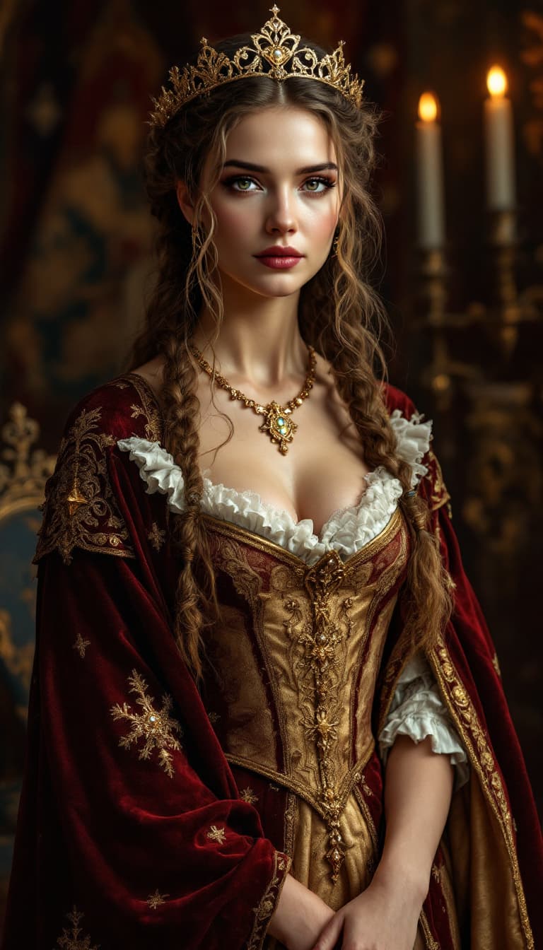 AI generated: Female medieval queen (ethnicity:0.9, age:0.7), (detailed clothing:1.4), (detailed accessories:1.3),...