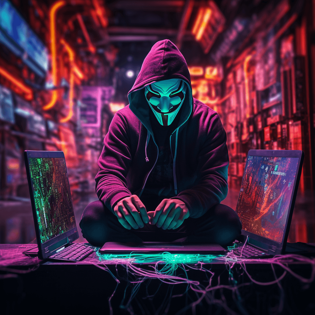 AI generated: neon images of a hacker, neon colors
