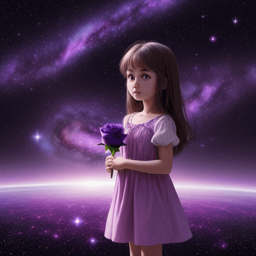 AI generated: an innocent girl holds a rose. cute girl. cartoon. child. background of purple galaxy sky and beauti...