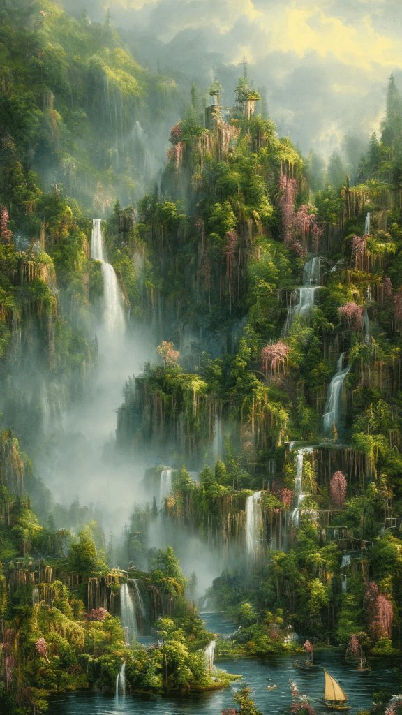 AI generated: summer landscape, Lime color, Bokeh, the waterfall, fog over the lake, insanely detailed and intrica...