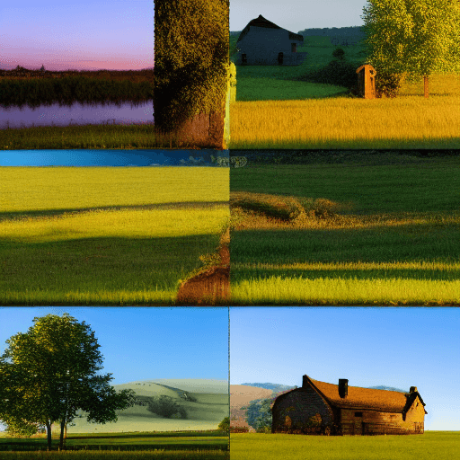 AI generated: Grid of four square photos of the same scene of a beautiful green field and a cottage in the back, 4...