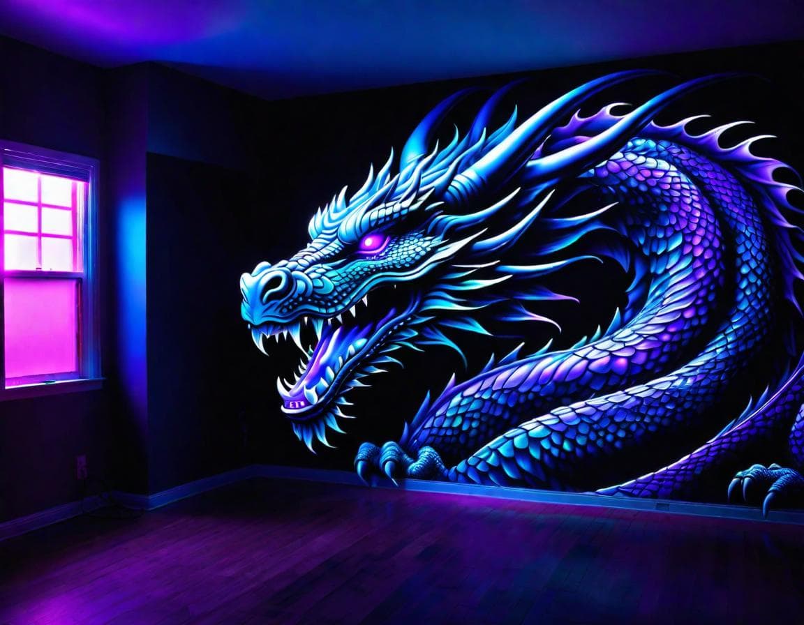 AI generated: "black light also known as Ultra Violet Light but as a MURAL facial dragon airbrush art inside a roo...