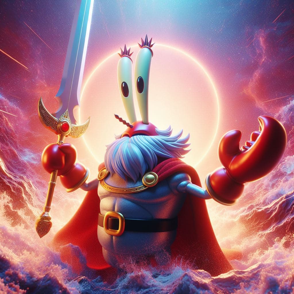 AI generated: Mr. Crab is the mightiest god with a sword, red eyes, heroic pose, divine and celestial light, maste...