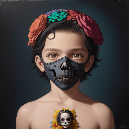 AI generated: pop surrealism painting of boy made of puzzle in David alejandro skull mask, in the style of childli...