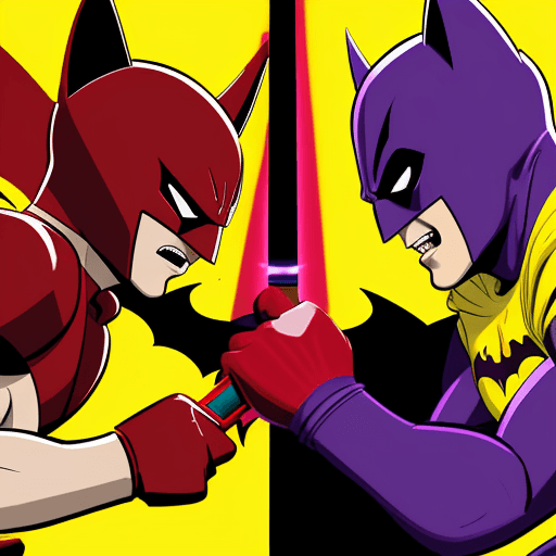 AI generated: red power ranger with bat ears and a yellow cape versus a purple power ranger with bat ears and red ...