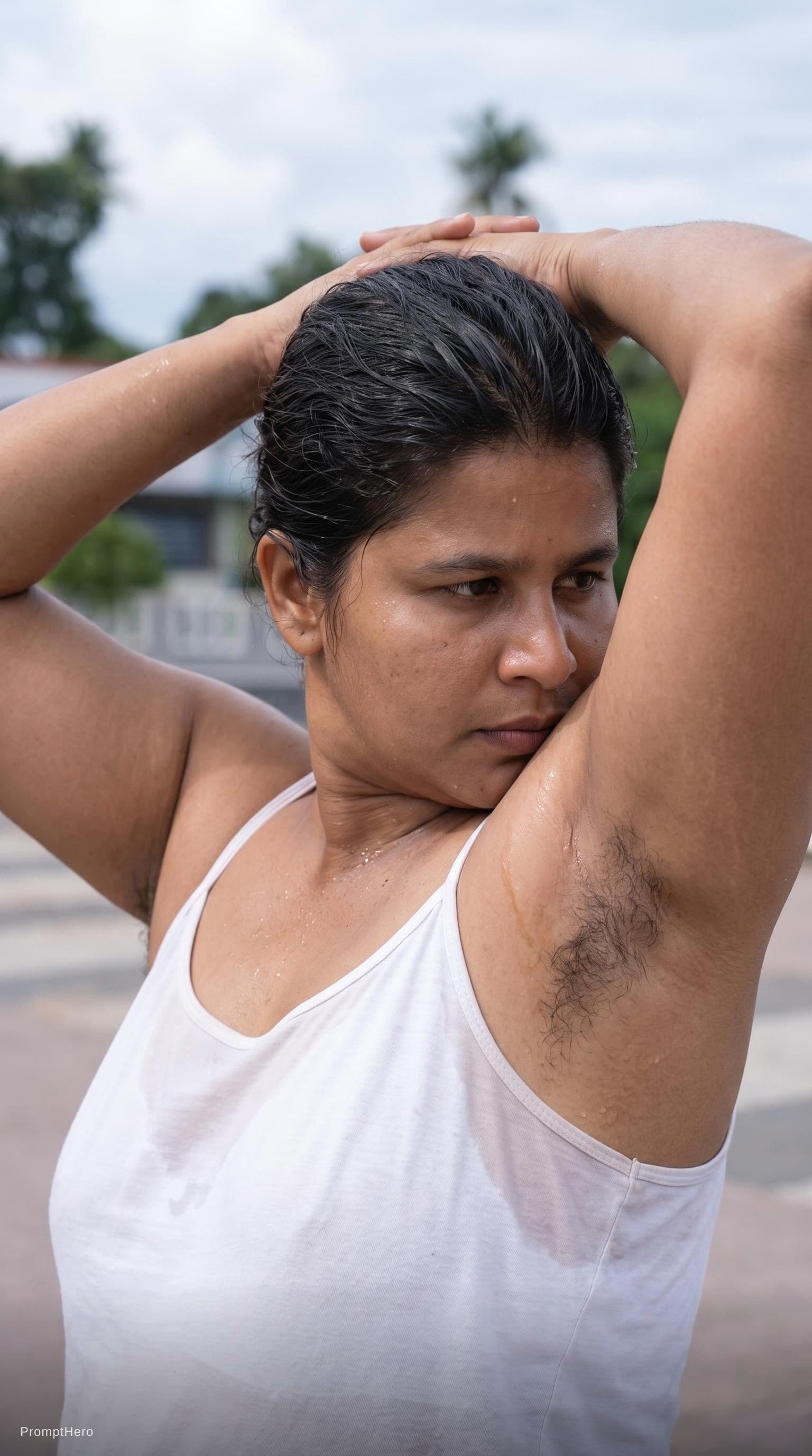 AI generated: Sweaty skin and hair and showing armpit sweaty hair patch and pose like holding two hands on up hair...