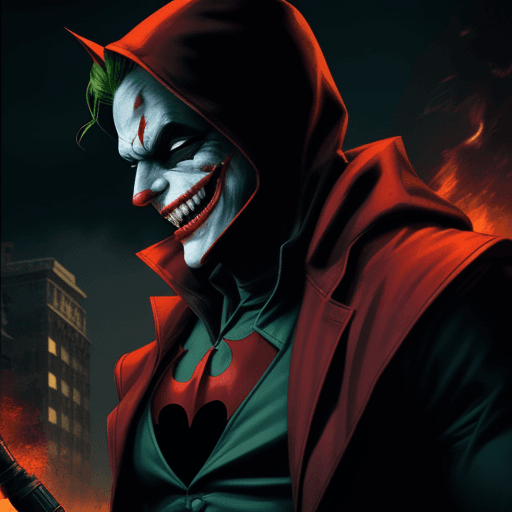 AI generated: "Red Hood" from DC comics surrounded by his ghosts, angry and painful green eyes, laughing Joker, de...