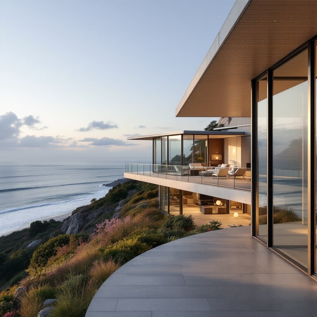 AI generated: Hyper realistic eye level exterior photo of a mid century modern style house overlooking the ocean, ...