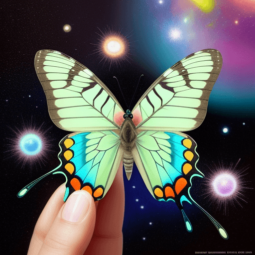 AI generated: a butterfly that is sitting on someone's finger, in the style of cute and colorful, mesmerizing opti...