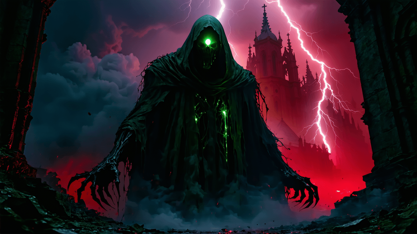 AI generated: A massive, otherworldly figure with distorted humanoid features, an eyeless face with an expression ...