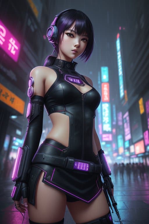 AI generated: 1girl, tabi style, detailed background, hires, epic, cyberpunk, glowing, raining, UHD, HDR10, 16K, (...