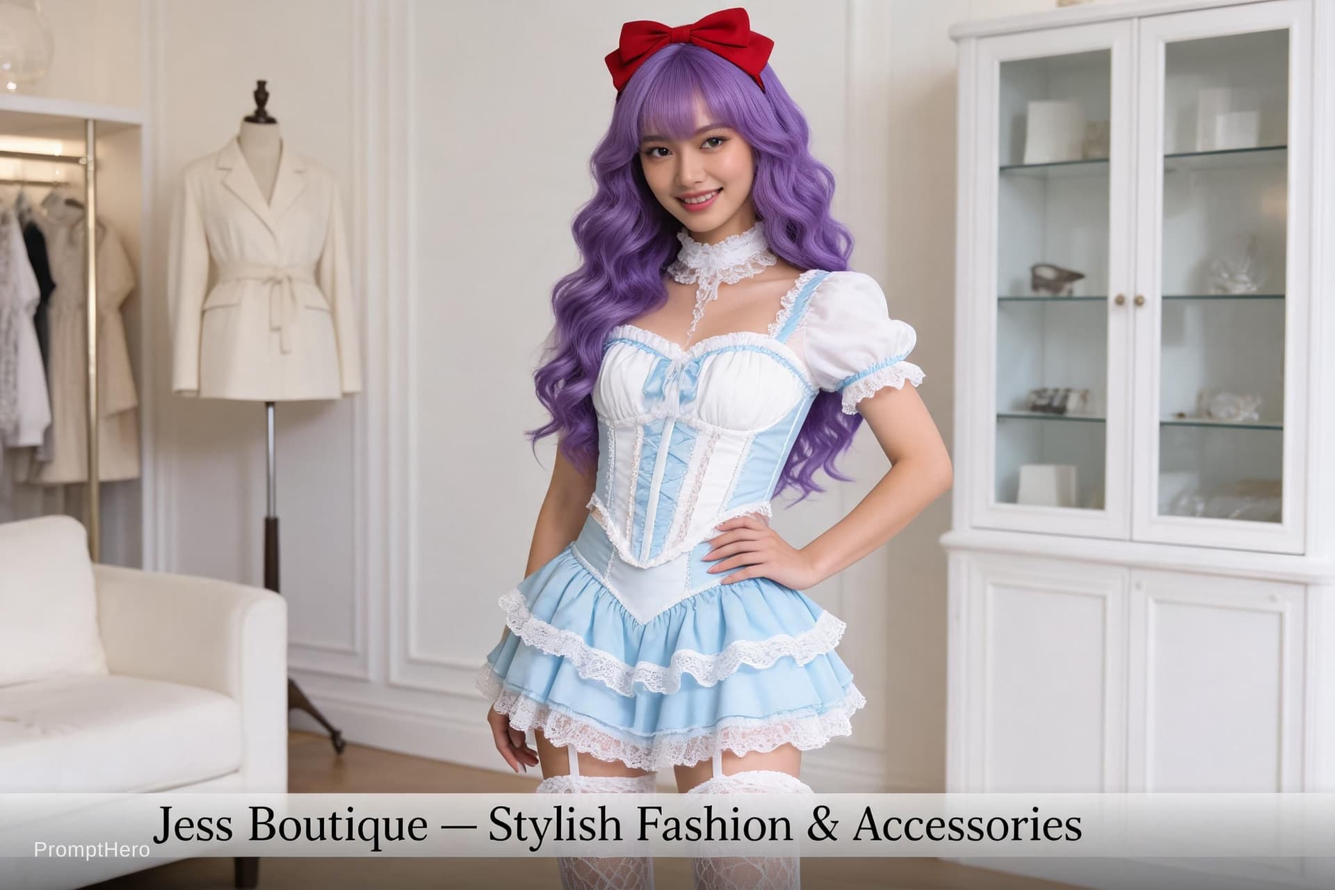 AI generated: Full body portrait of female fashion model
Outfit: white and light blue lingerie set with ruffled de...
