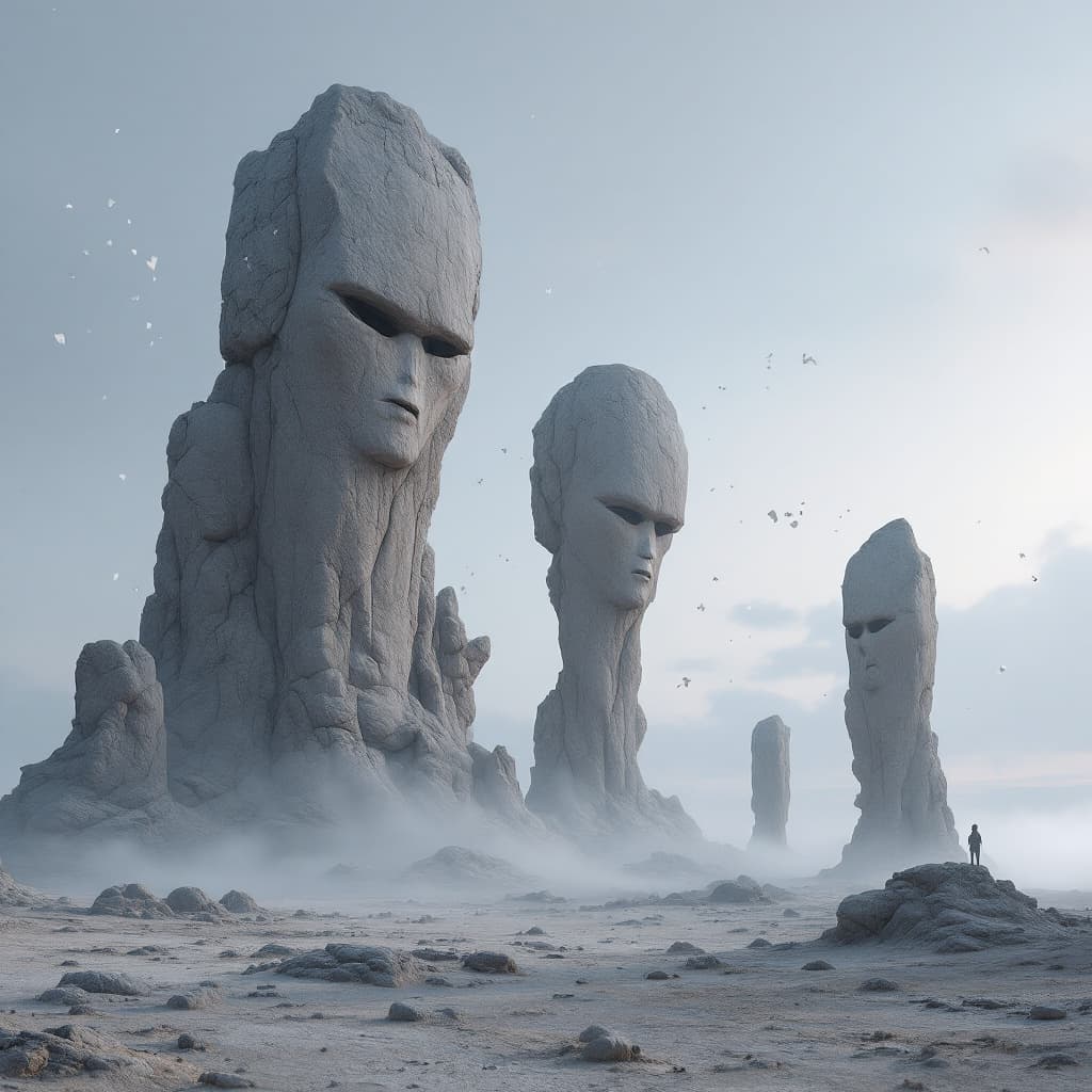 AI generated: Hyperrealistic panorama shot of towering rock formations simmilar to humanoid figures and organic sh...