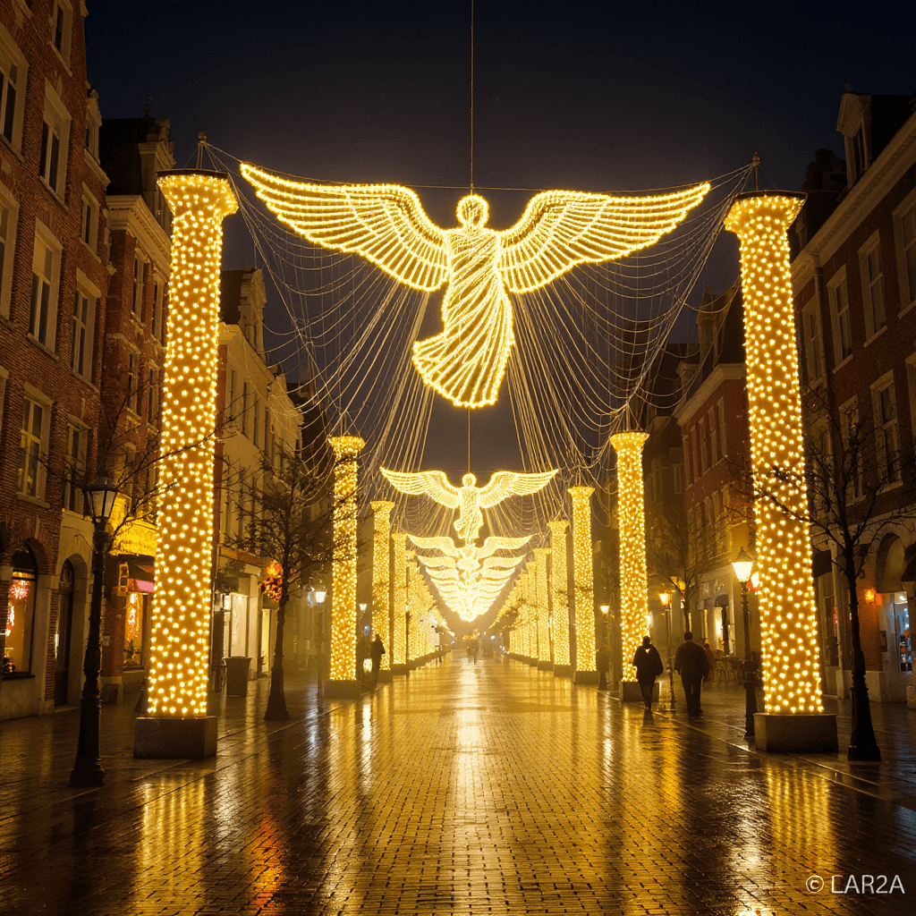 AI generated: ultra-wide nighttime photograph of Adolf Buylstraat, Oostende, Belgium; perfectly symmetrical compos...