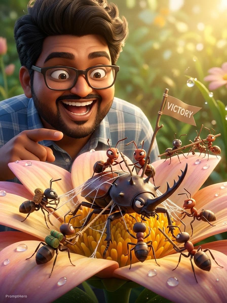 AI generated: An animation of several ants working together to defeat a giant villain in a flower.