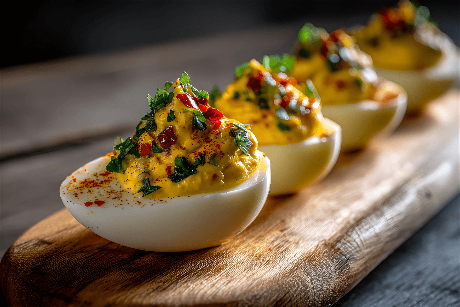 AI generated: eggs on a light brown wooden board, several deviled eggs,  with creamy yellow filling and small bits...