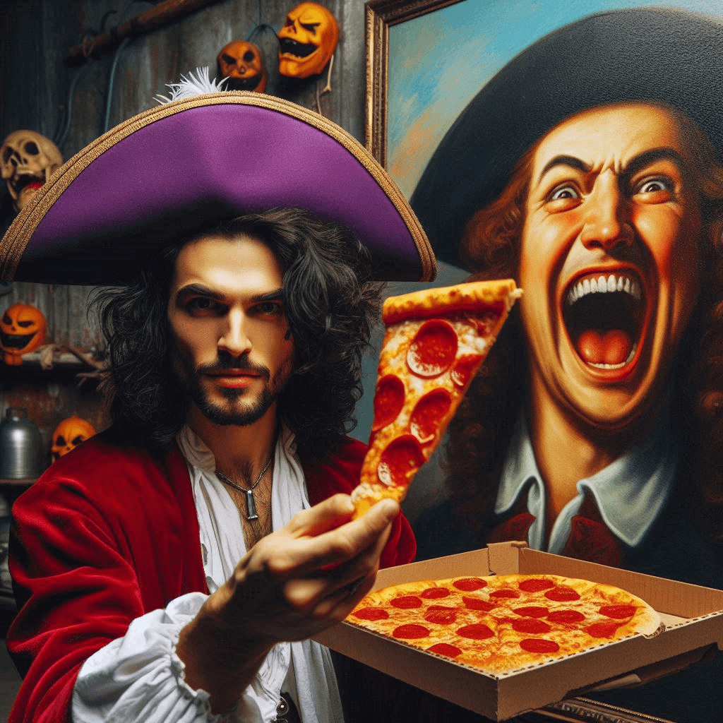 AI generated: Close-up professional cinematic photo of a Spanish pirate with black curly hair in a purple hat with...