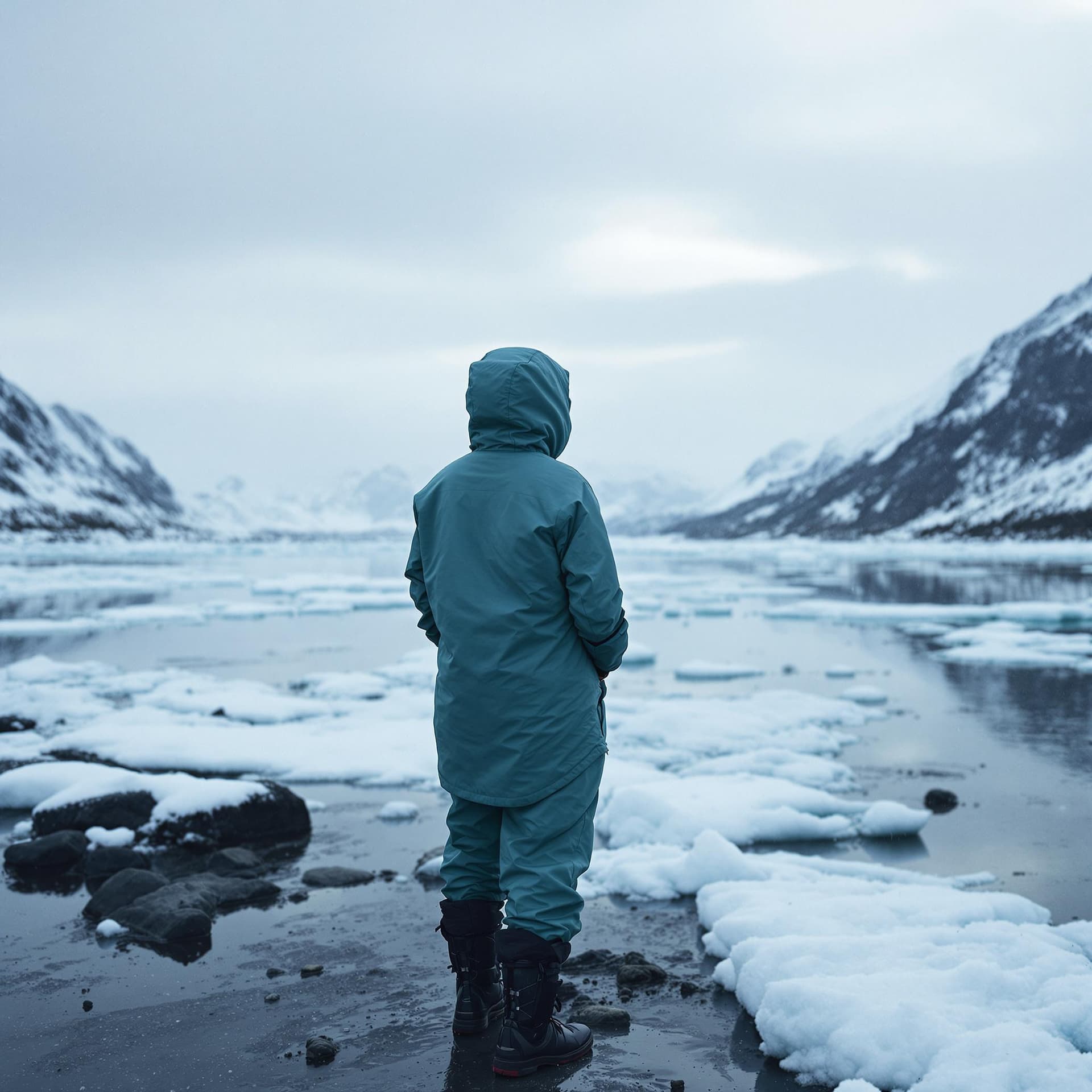 AI generated: realistic photograph of a woman standing in the artic, far away, at a distance, covered in waterproo...