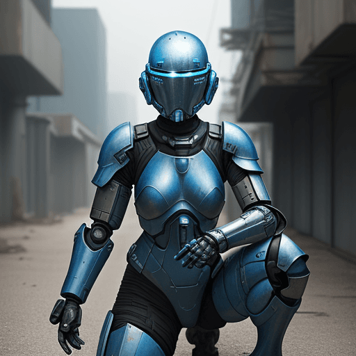 AI generated: blue armed female figure in sci-fi battle armor with cybernetic helmet, aiming on one knee, mask, sc...