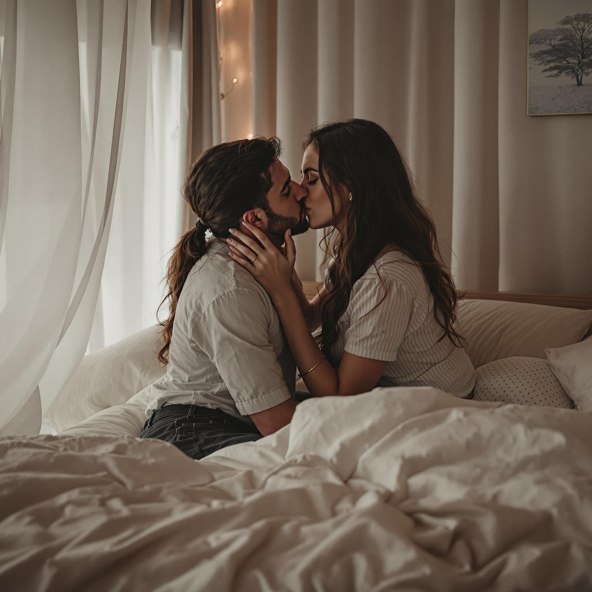 AI generated: A romantic couple kissing in love with each other in a private room 