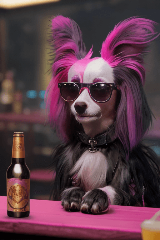 AI generated: cyberpunk(papillon dog)with pink streaks, sitting at a table in a chair, dressed in leather, wearing...