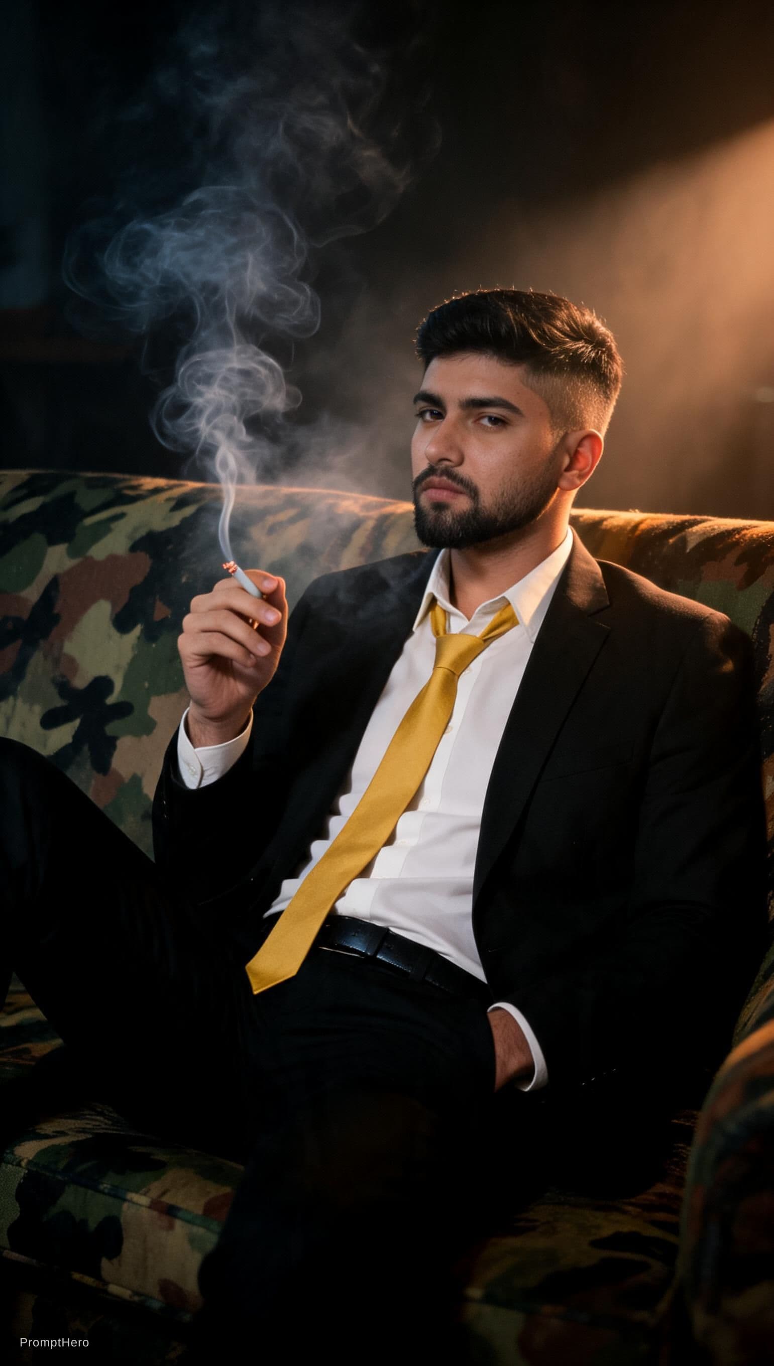 AI generated: photography, cover shoot, dimly lit room with a hazy atmosphere, capturing a professional male model...