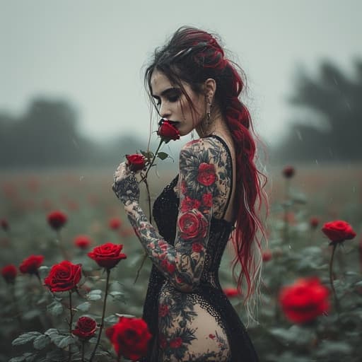 AI generated: A realistic, head to toe photo a fit, thin, perfect body, very pale female standing in a field of bl...
